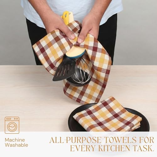 Multicolor Check Kitchen Towels 4 Pack, 100% Cotton Tea Towels, Absorbent - Image 5