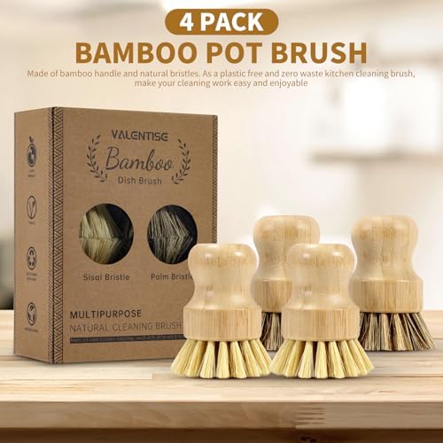4 Pack Bamboo Dish Brush Set, Natural Palm Dish Scrubber - Image 2