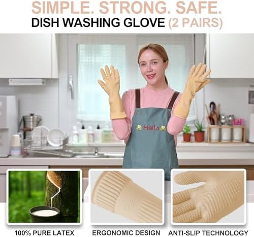 Mamison Rubber Dishwashing Gloves, Non-Slip Kitchen, Ivory Medium, 2 Pairs - Image 2