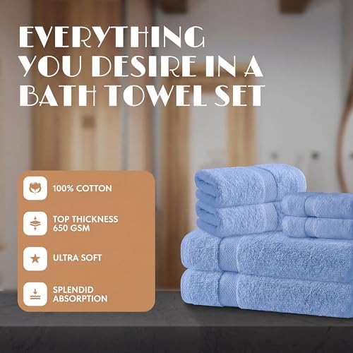 White Classic Light Blue Bath Towel Set of 6-100% Cotton Highly Absorbent Towels - Image 2
