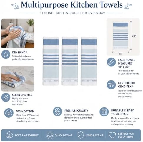Serafina Home Blue White Kitchen Hand Dish Towels: Oversized 28" x 16" - Image 3