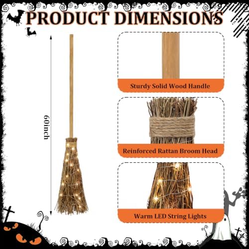 Seenelling 60" Halloween Decor Rattan Witch Broom - Image 2