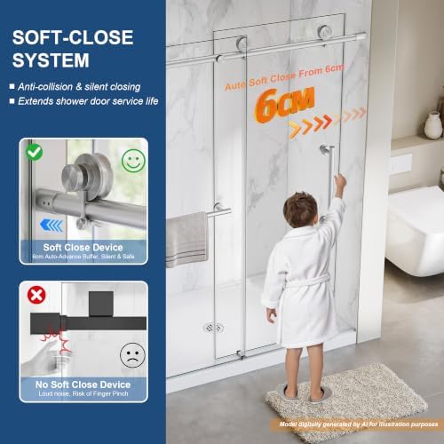 Frameless Sliding Shower Doors 49-54" Wx76 H, 5/16" Brushed Nickel - Image 3