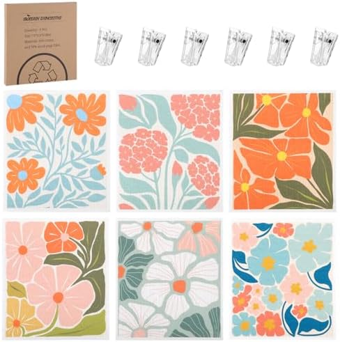 6 Pack Swedish Dishcloths for Kitchen, Abstract Floral Dish Towel by Needbrock