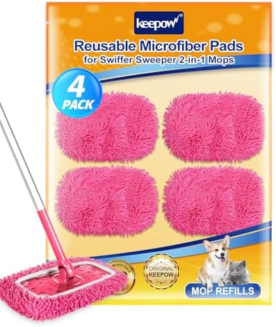 KEEPOW 4Pcs Pink Chenille Reusable Mop Pads Compatible by KEEPOW