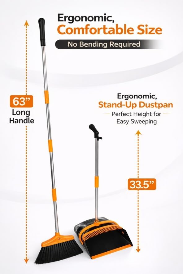 Long Handle Broom and Dustpan Set, Upright Standing Combo, Heavy Duty - Image 2