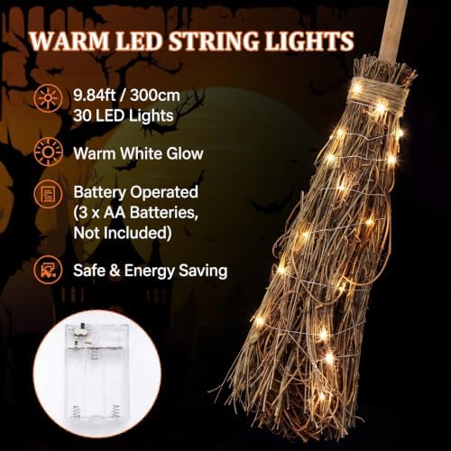Seenelling 60" Halloween Decor Rattan Witch Broom - Image 3