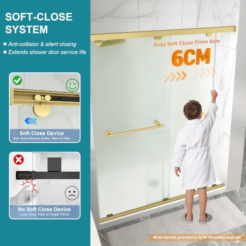 Frameless Double Sliding Frosted Shower Door, 49-54"Wx76"H, 5/16"Brushed Gold - Image 3