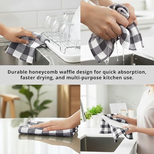 Waffle Weave Plaid Dish Cloth, DishTowel 15x25"S/4 - Image 5