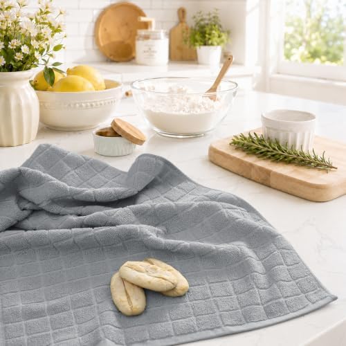 Kitinjoy Premium Cotton Check Kitchen Towels 6 Pack, Light Grey - Image 6