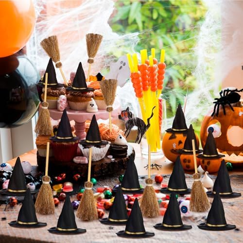 WinnerWhy 48 Pcs Mini Witch Hat Broom Set, 1.5 Inches - Image 6