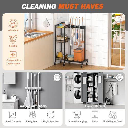 Broom Holder with Cleaning Supplies Organizer, Broom Closet Storage Cabinet - Image 5