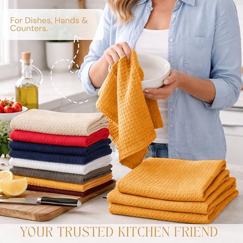 Yellow Waffle Kitchen Dish Towels, 100% Cotton, Quick Dry, Super Absorbent - Image 3