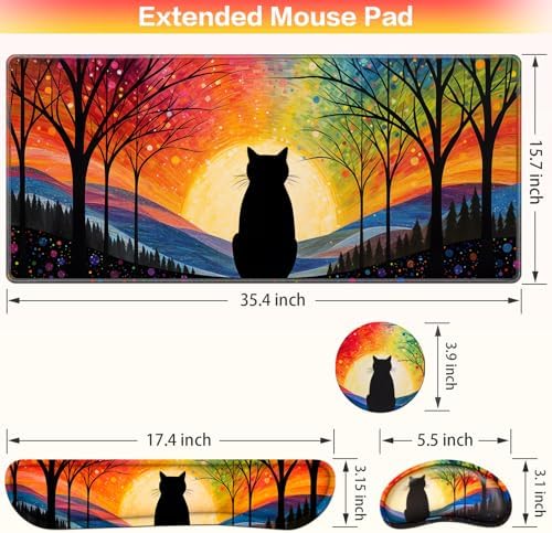 Mouse Pad with Wrist Rest Black Cat, 4-in-1 Large Mousepad Keyboard - Image 6