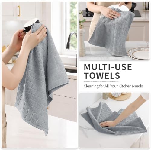 Kitinjoy Premium Cotton Check Kitchen Towels 6 Pack, Light Grey - Image 4