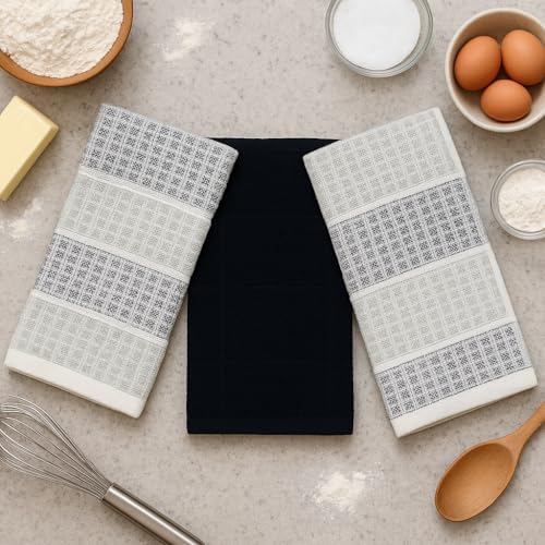 Black Grey Kitchen Hand Dish Towels, Waffle Checkered - Image 4