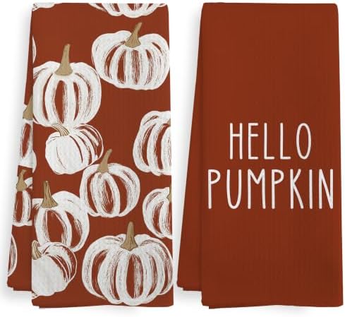 Fall Hello Pumpkin Rust Kitchen Towels and Dishcloths Sets of 2 by XNXLDYLH