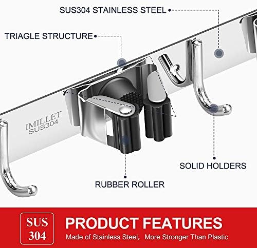 IMILLET 2 Pack Broom Holder Wall Mount Stainless Steel Mop Organizer - Image 2