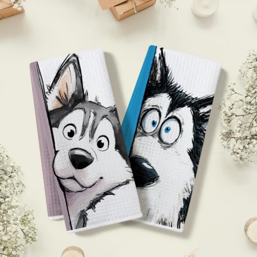 2 Pcs Funny Husky Gifts Kitchen Towels, Cute Dog Hand Towels 14 x 24 Inches - Image 3