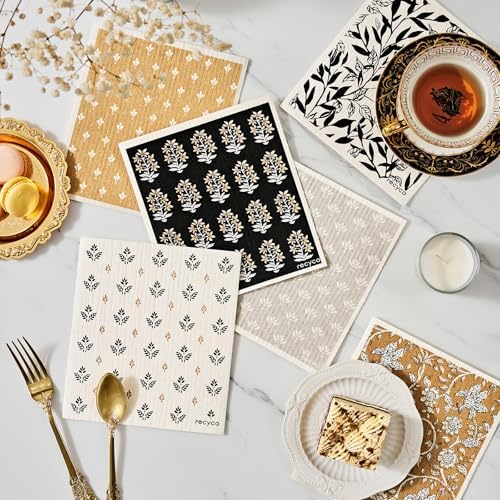 RECYCO Swedish Dishcloths for Kitchen | 6 Pack Heritage Florals Neutral - Image 2