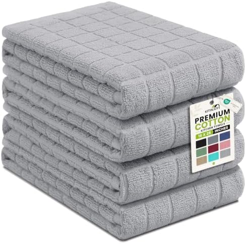 Kitinjoy Premium Cotton Check Kitchen Towels 4 Pack, Light Grey by Kitinjoy