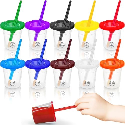 Paint Cups with Lids for Kids 10 No Spill Paint Containers, Paintbrushes by UltimateStationery