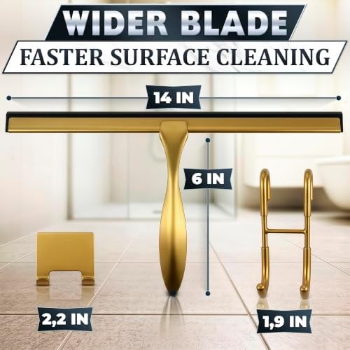 14 Inch Gold Shower Squeegee for Glass Doors, 2 Hooks Included - Image 2