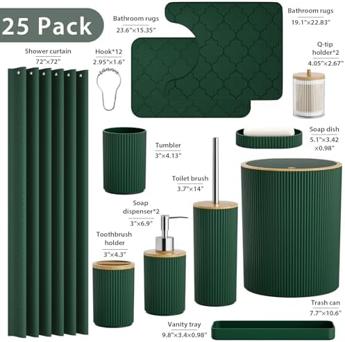 Bathroom Accessories Set 25 PCS, Dark Green Shower Curtains Set - Image 2