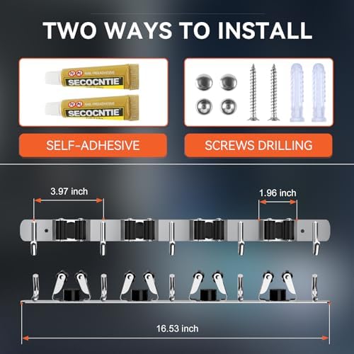 ZONGOOL 2 Pack Mop Broom Holder Wall Mount 4 Racks 5 Hooks Storage Silver - Image 6