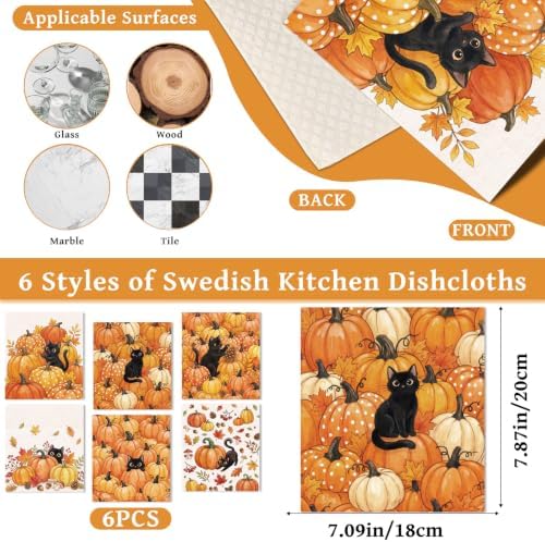 Fall Swedish Dishcloths for Kitchen, Autumn Black Cat Dish Cloths - Image 2