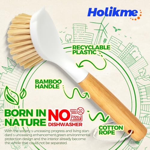 Holikme 3 Pack Dish Brush with Bamboo Handle Cleaning Brush - Image 5