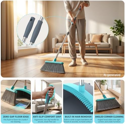 Broom with Dustpan Combo Set, Silicone Broom, Long Handle Broom with Upright - Image 4