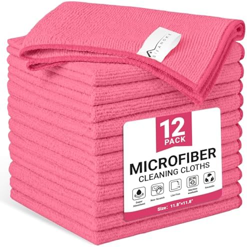 SIFANGKE Microfiber Cleaning Cloth, 12 Pack HotPink Cleaning Rags by Unknown