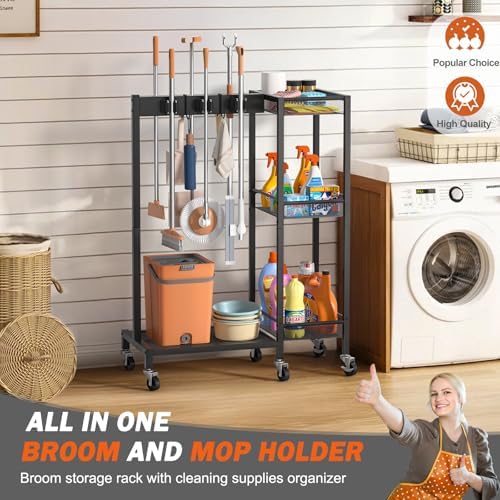 Broom Holder with Cleaning Supplies Organizer, Broom Closet Storage Cabinet - Image 2