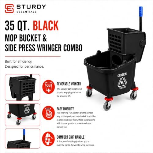 Commercial Mop Bucket with Wringer on Wheels | Blue 35 Quart - Image 3