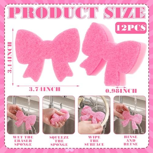 Tioncy 12 Pack Pink Bow Sponges Dual Sided Non Scratch - Image 2