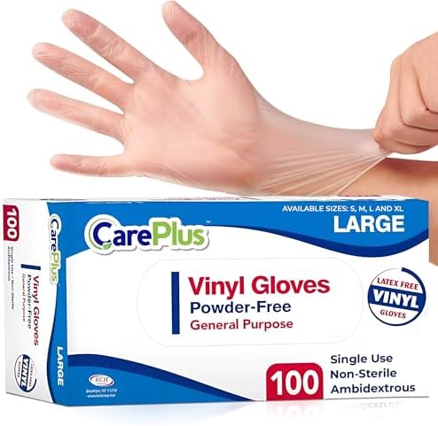 CARE PLUS Vinyl Gloves Clear Large, Disposable Latex Free by CarePlus