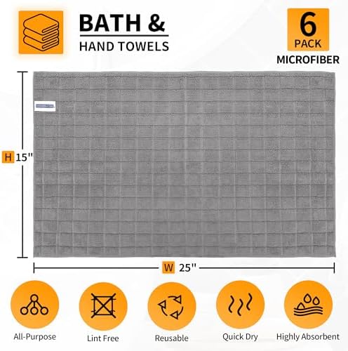 Microfiber Hand Bath Towels, 6 Pack 25''*15'' Grey Bathroom Hand Towels - Image 2
