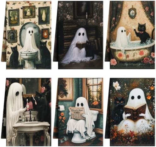 Breling 6 Pack Halloween Ghost Dish Towels Black Cat Gothic Vintage 14 X 21 by Breling