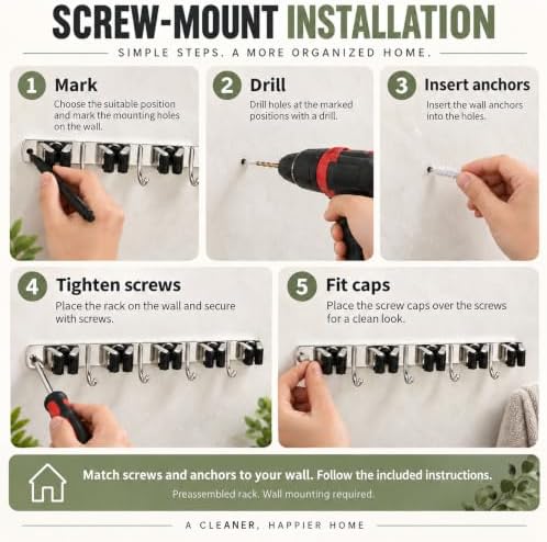 Broom Holder Wall Mount, Mop Organizer, 5 Racks, 4 Hooks, Heavy Duty - Image 7