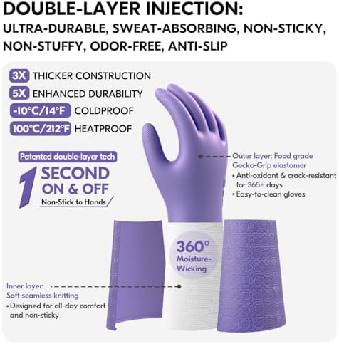 Vgo... Household Cleaning Gloves, Double-layer, Lined Dishwashing Gloves - Image 2