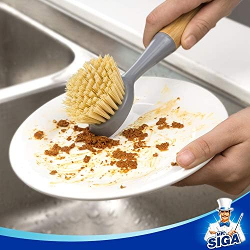 MR.SIGA Dish Brush with Bamboo Handle Built-in Scraper - Image 2