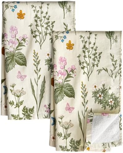 Miss Adola Cotton Kitchen Towels Set of 2, 16x26 Inch, Line Flower by MissAdola