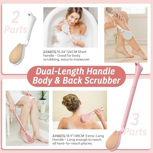 Back Scrubber for Shower & Silicone Bath Glove Set, 19’’ Detachable Long Handle - Image 3