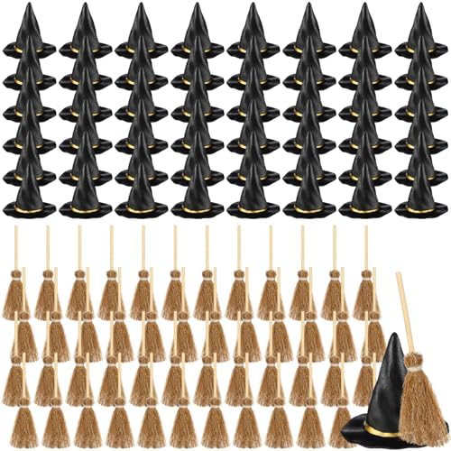 WinnerWhy 48 Pcs Mini Witch Hat Broom Set, 1.97 Inches by WinnerWhy