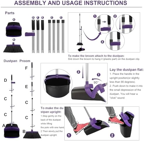 Purple Broom and Dustpan Set 2 Pack, Long Handle Floor Cleaning - Image 7