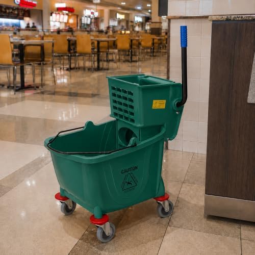 Commercial Mop Bucket with Wringer on Wheels | Green 26 Quart - Image 5