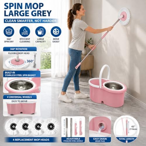Spin Mop and Bucket with Wringer, 4 Refill Heads - Image 4