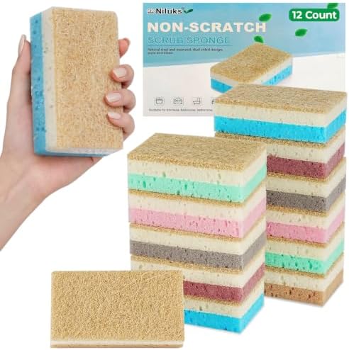12 Pack Natural Non Scratch Scrub Sponge, Sponges Kitchen, Dish Sponge by Niluks