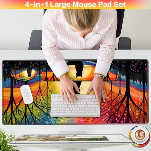 Mouse Pad with Wrist Rest Black Cat, 4-in-1 Large Mousepad Keyboard - Image 2